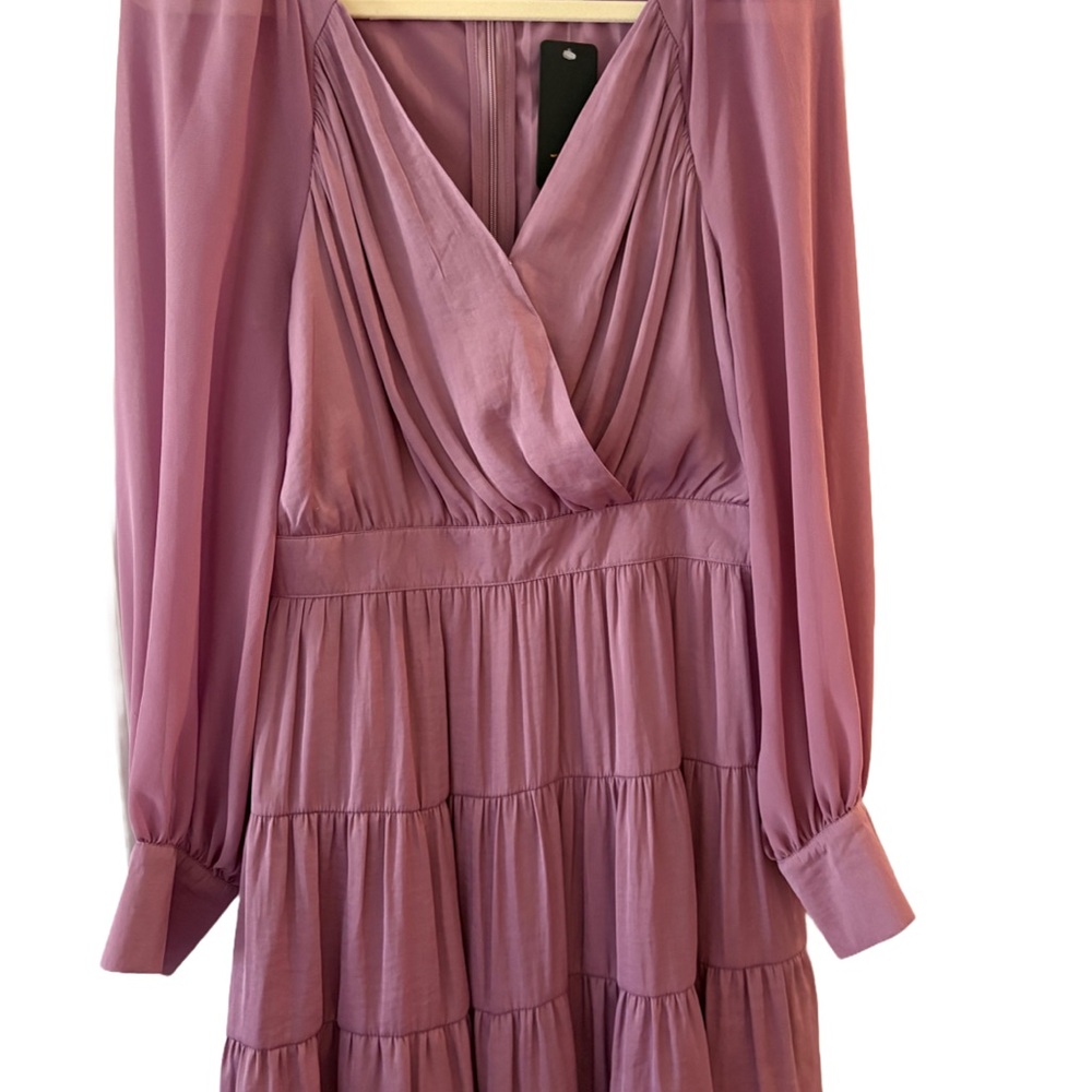 Naked Zebra Purple Tiered Wrap Long Sleeve Short Dress with Bishop Sleeves
